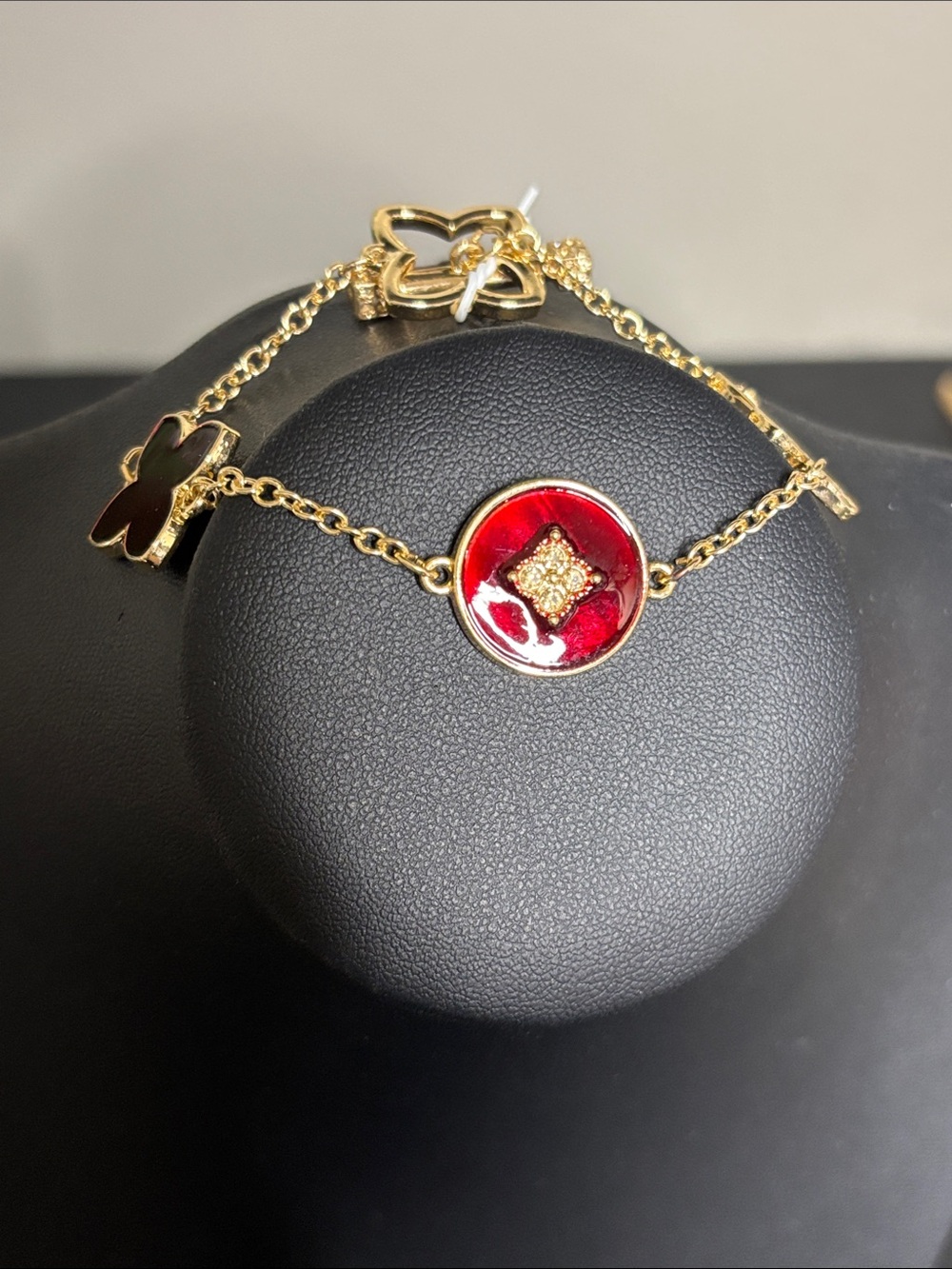 Gold-Tone Red Enamel Round Charm Bracelet